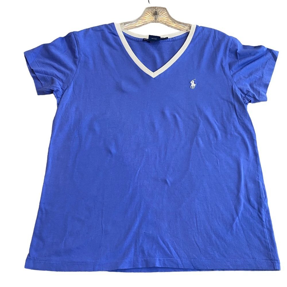 Ralph Lauren Sport Women's L V-Neck Ringer Tee Cornflower Purple 100% Cotton